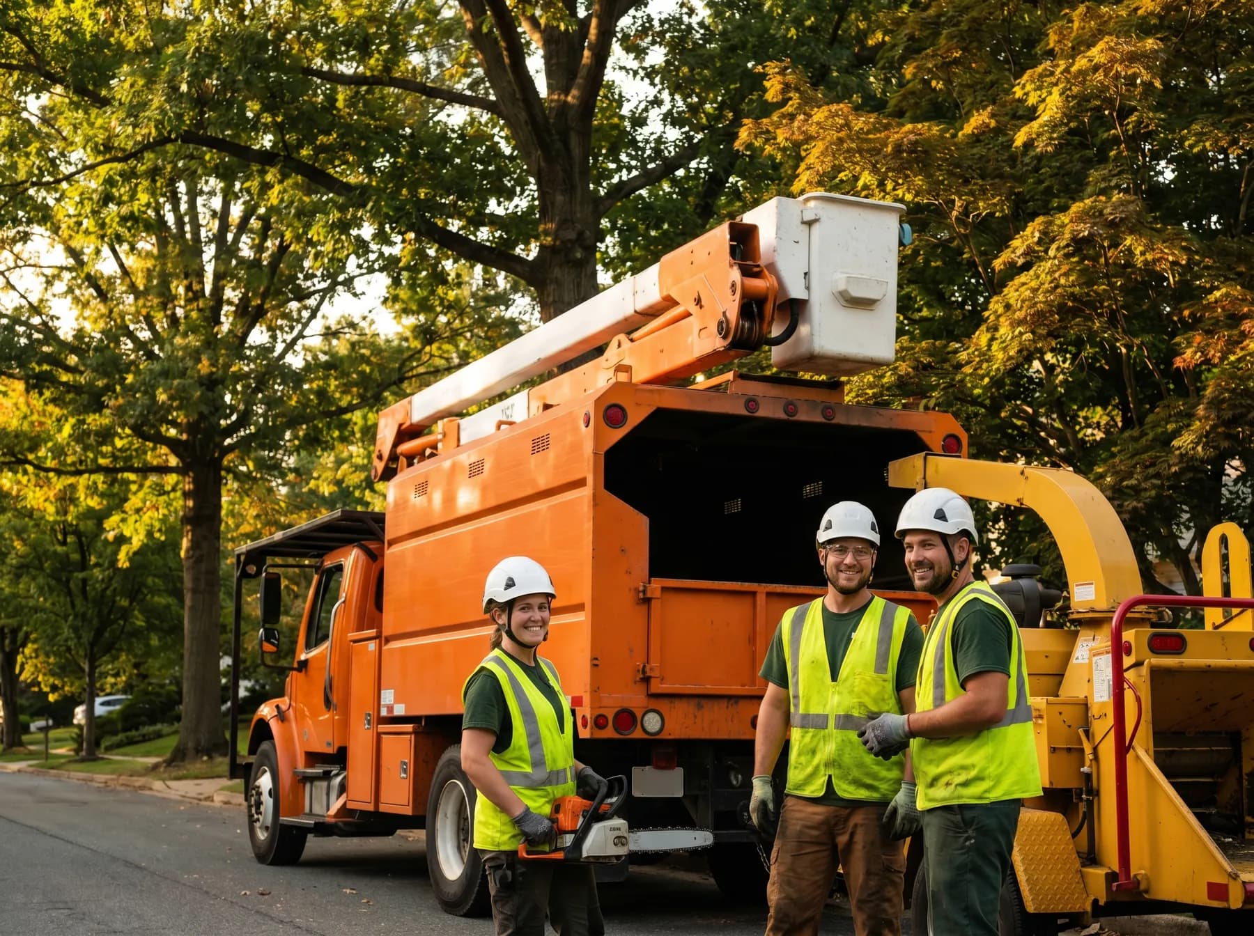 A professional tree-care crew with a bucket truck and wood chipper in a leafy Maryland neighborhood