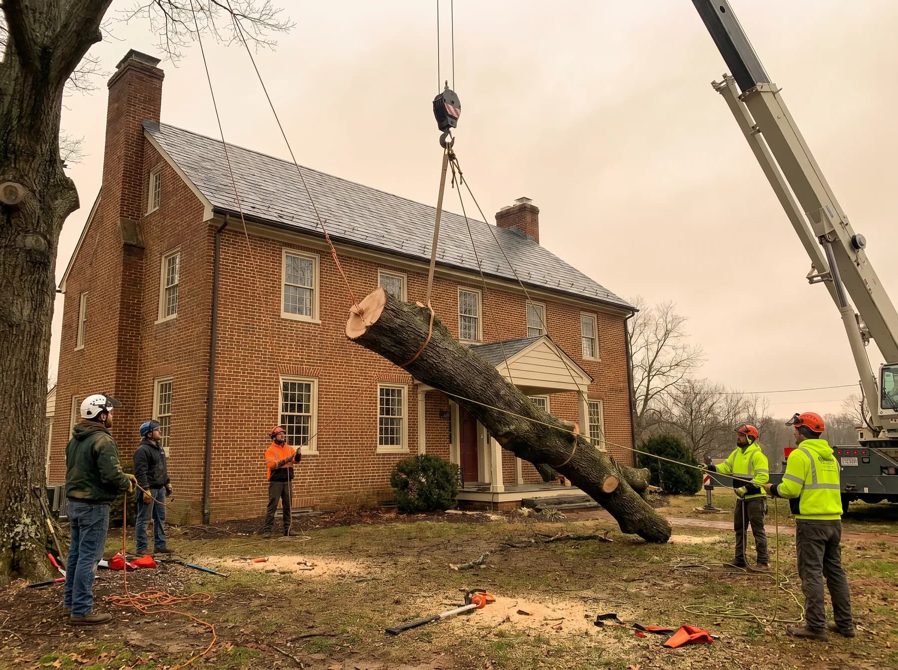 A large oak sectioned and carefully lowered near a Maryland colonial home