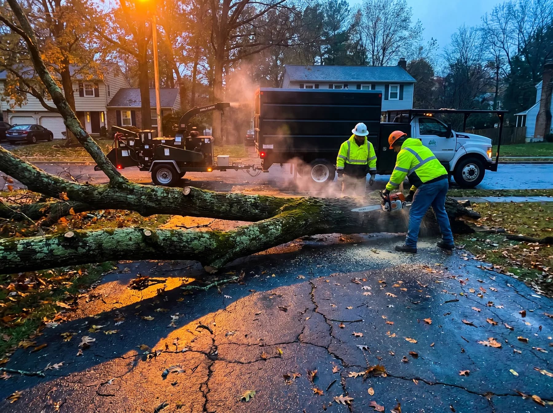 A storm-fallen oak limb being cleared from a residential driveway at dawn
