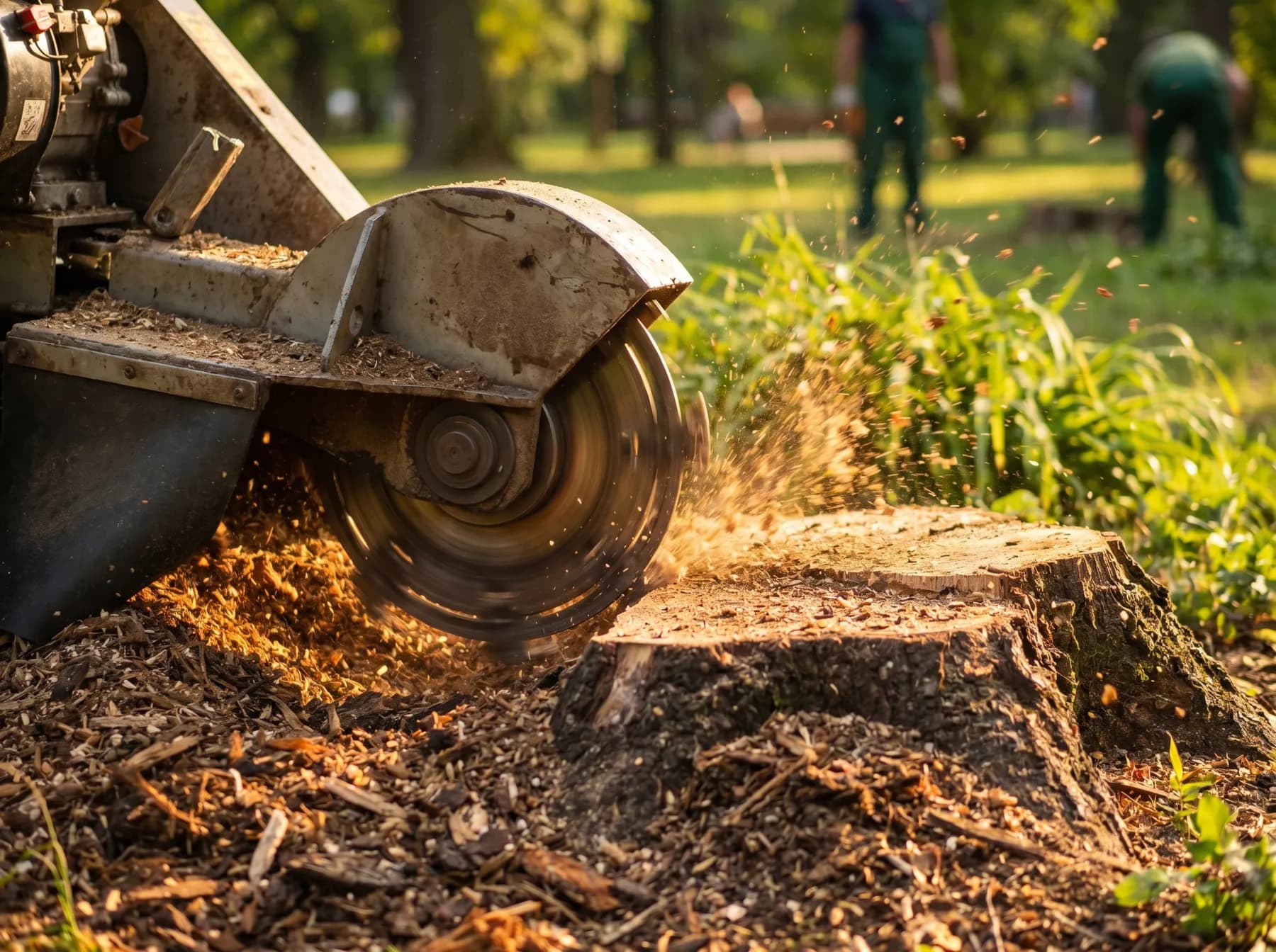 A professional stump grinder reducing a tree stump to mulch
