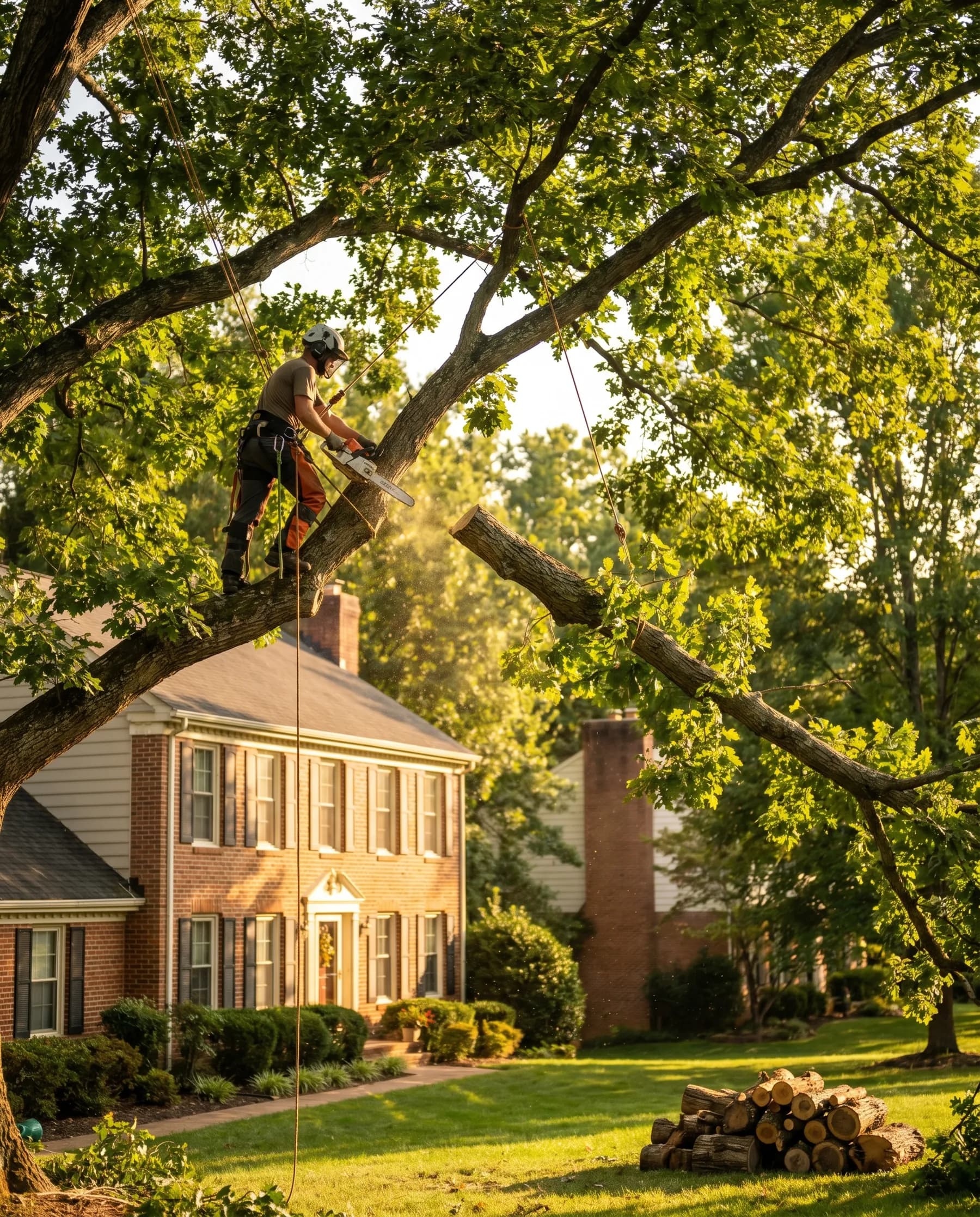 A licensed arborist high in a mature oak during a careful tree removal in a suburban Maryland backyard