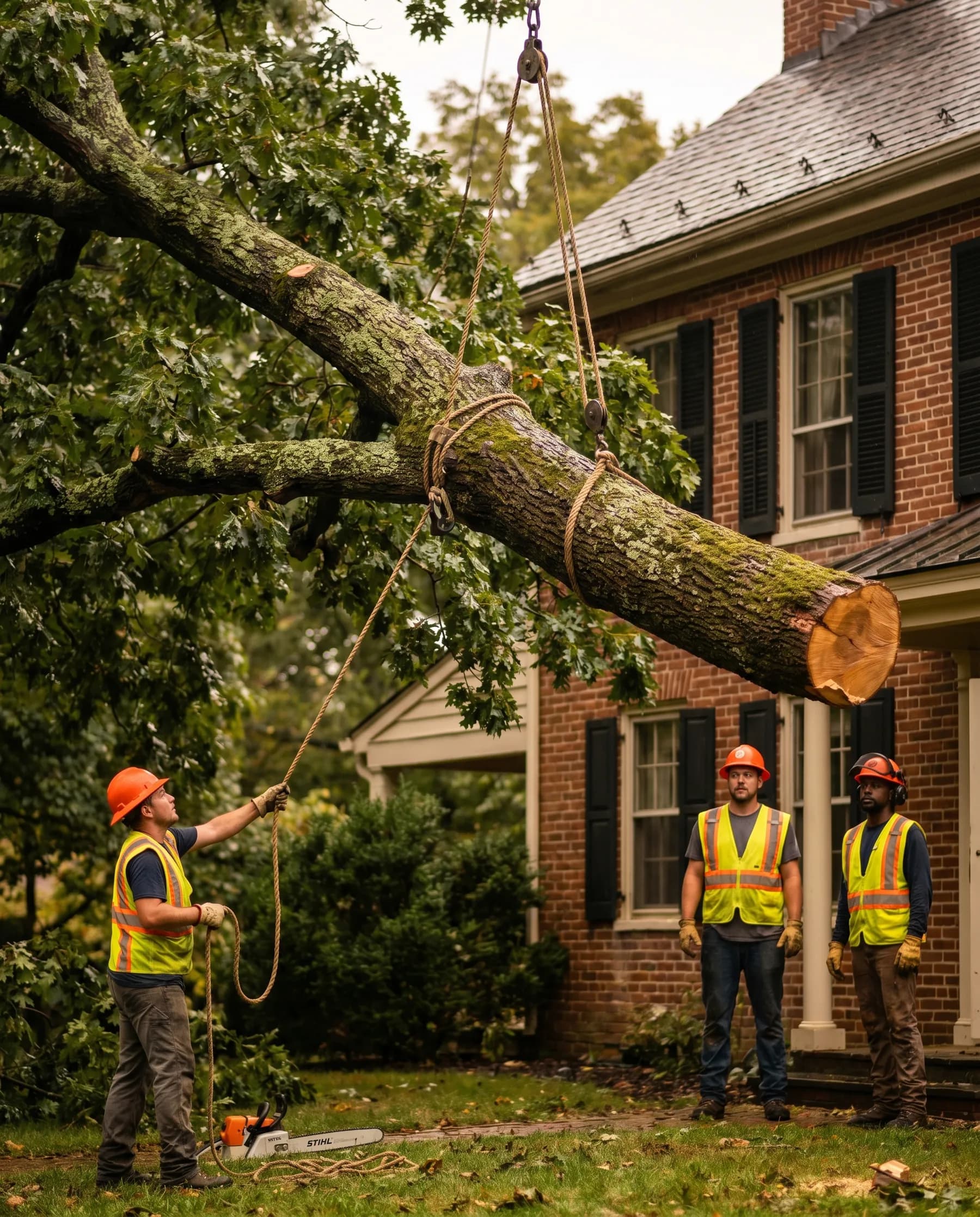A large tree section lowered by rope and rigging near a Maryland home during a controlled removal